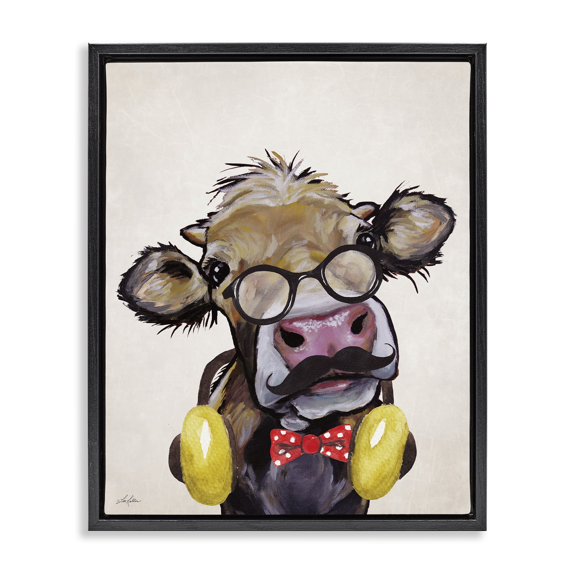 Stupell Industries Hipster Cow & Headphones Animals & Insects Painting Black Floater Framed Canvas Art Print Wall Art, 17 x 21