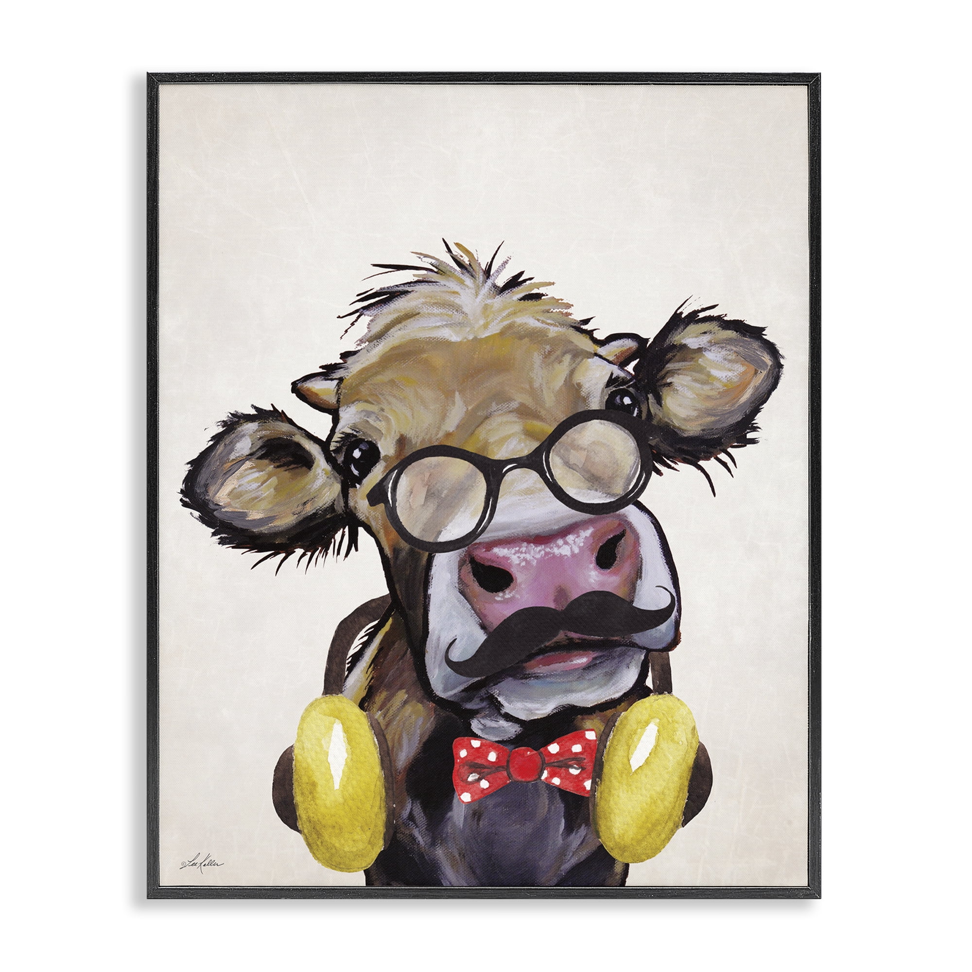 Stupell Industries Hipster Cow & Headphones Animals & Insects Painting Black Framed Art Print Wall Art, 24 x 30