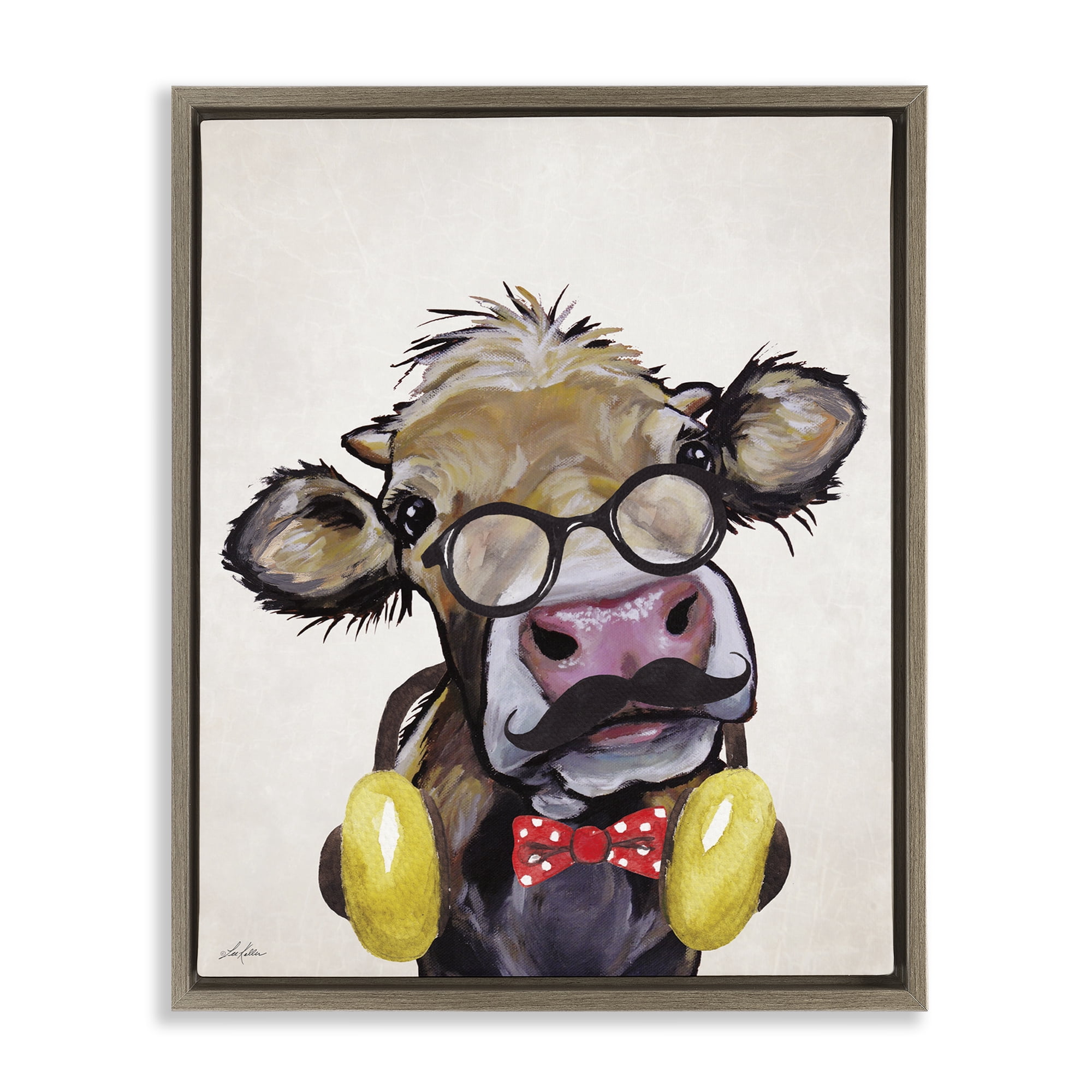 Stupell Industries Hipster Cow & Headphones Animals & Insects Painting Brown Floater Framed Canvas Art Print Wall Art, 17 x 21