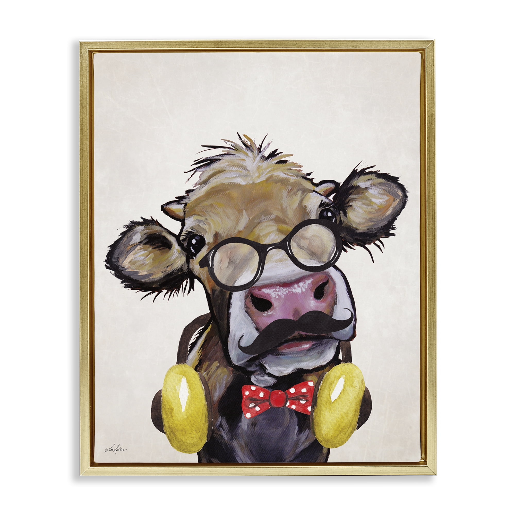 Stupell Industries Hipster Cow & Headphones Animals & Insects Painting Gold Floater Framed Canvas Art Print Wall Art, 17 x 21