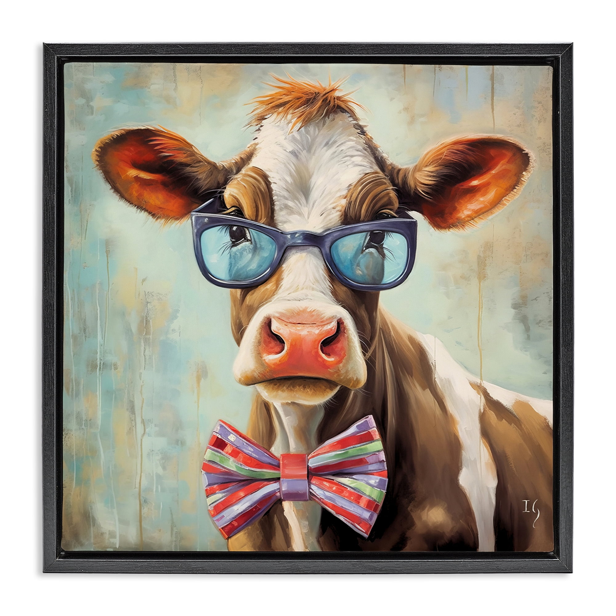 Stupell Industries Hipster Cow with Bowtie Animals & Insects Painting Black Floater Framed Canvas Art Print Wall Art, 18 x 18