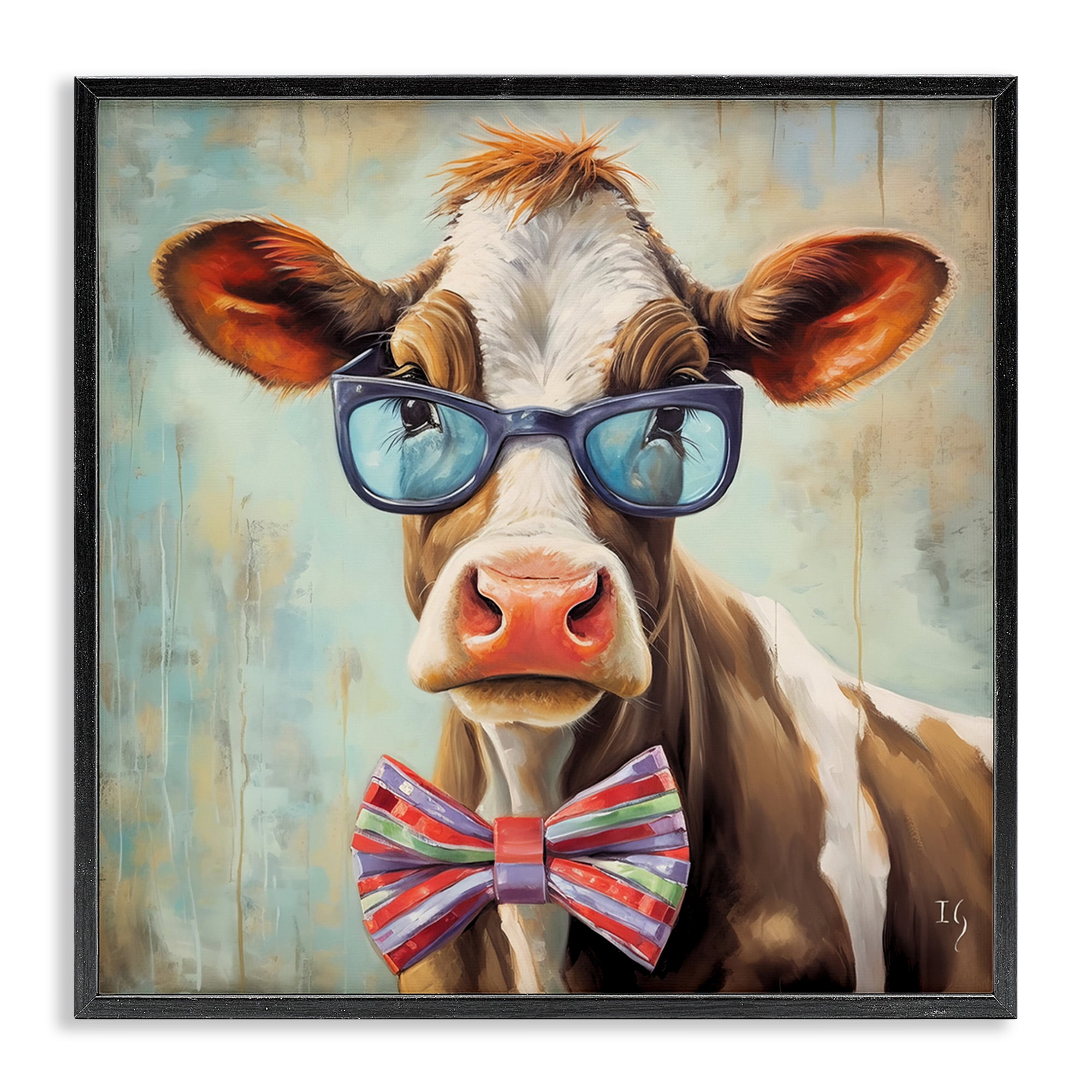 Stupell Industries Hipster Cow with Bowtie Animals & Insects Painting Black Framed Art Print Wall Art, 24 x 24