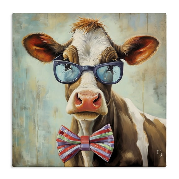 Stupell Industries Hipster Cow with Bowtie Animals & Insects Painting Gallery Wrapped Canvas Art Print Wall Art, 17 x 17