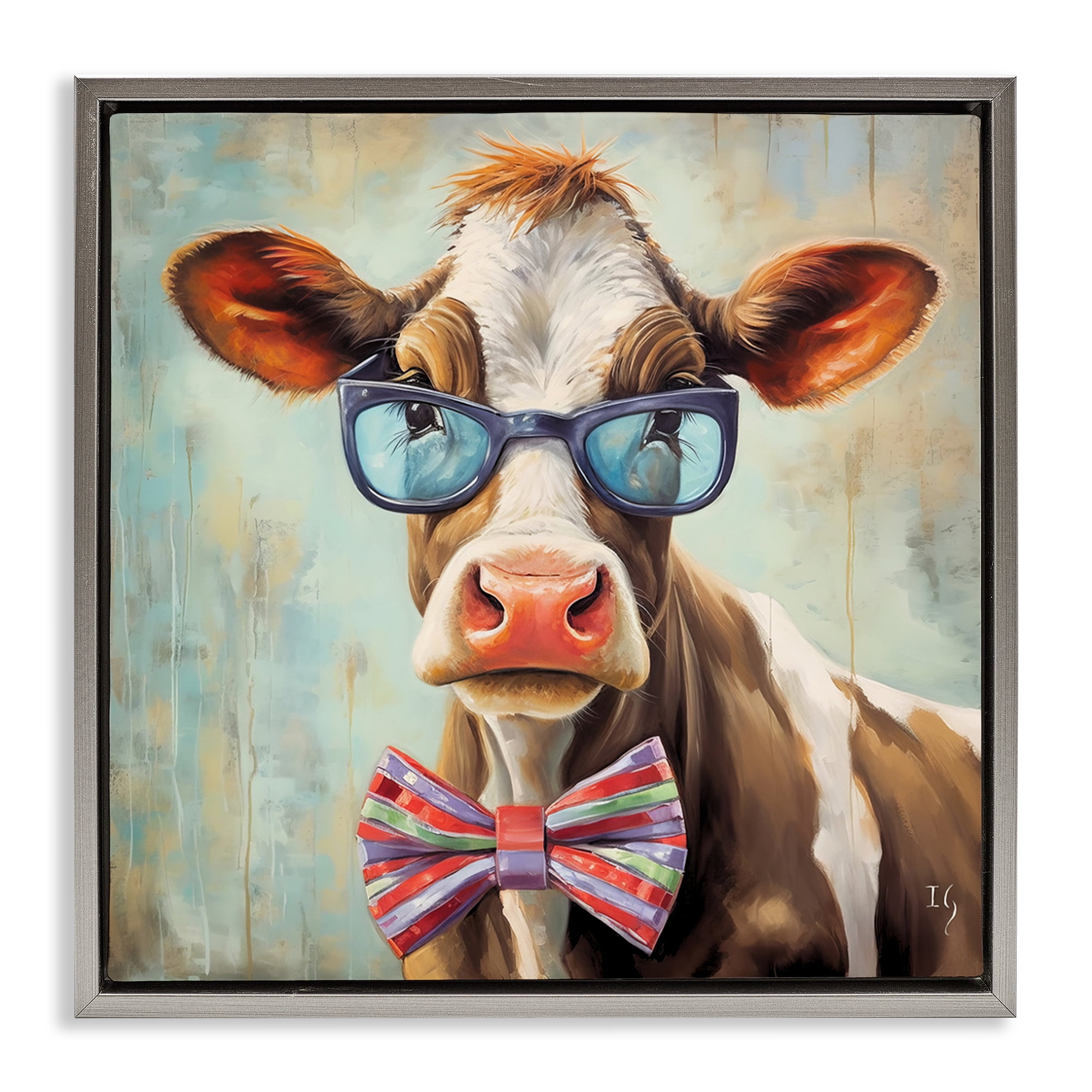 Stupell Industries Hipster Cow with Bowtie Animals & Insects Painting Gray Floater Framed Canvas Art Print Wall Art, 18 x 18