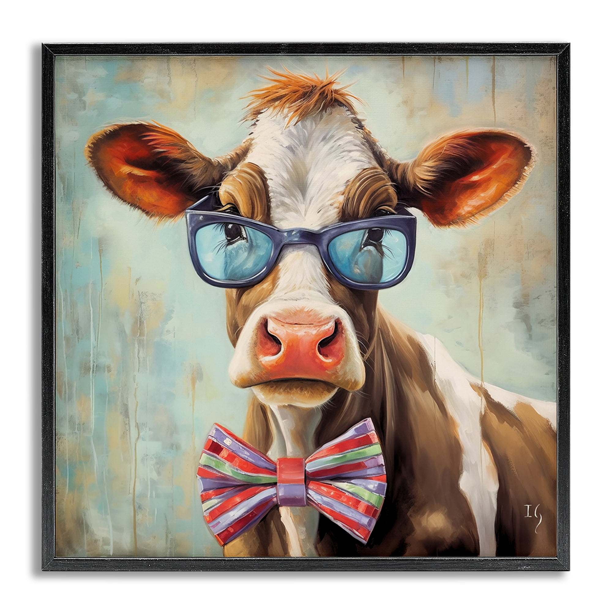 Stupell Industries Hipster Cow with Bowtie Animals & Insects Painting Gray Framed Art Print Wall Art, 12 x 12