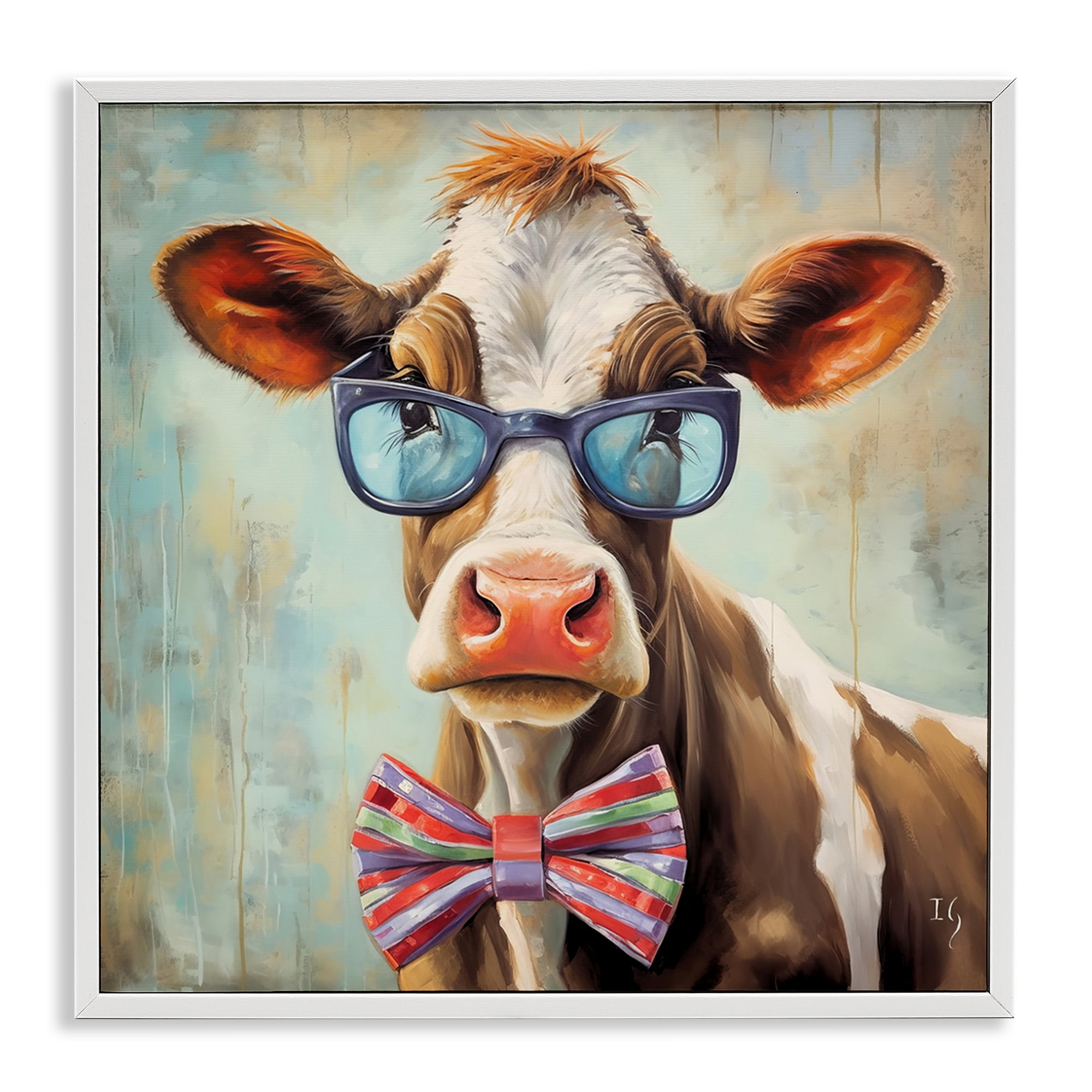 Stupell Industries Hipster Cow with Bowtie Animals & Insects Painting White Framed Art Print Wall Art, 12 x 12