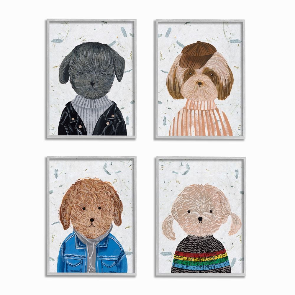 Stupell Industries Hipster Dogs Funny Animal Paintings Drawings Gray Framed Art Print Wall Art Set of 4, 11x14, by Melissa Wang