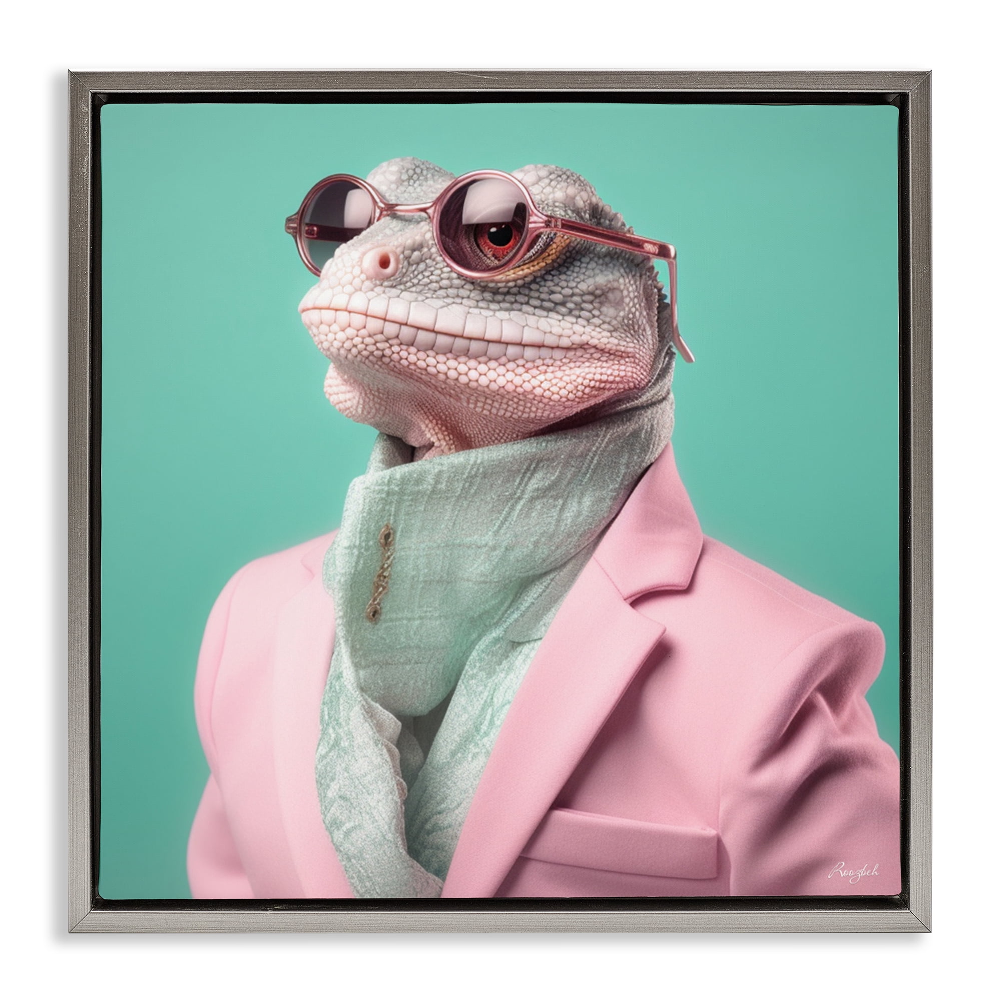 Stupell Industries Hipster Iguana Portrait Gray Framed Floater Canvas Wall Art, design by Roozbeh