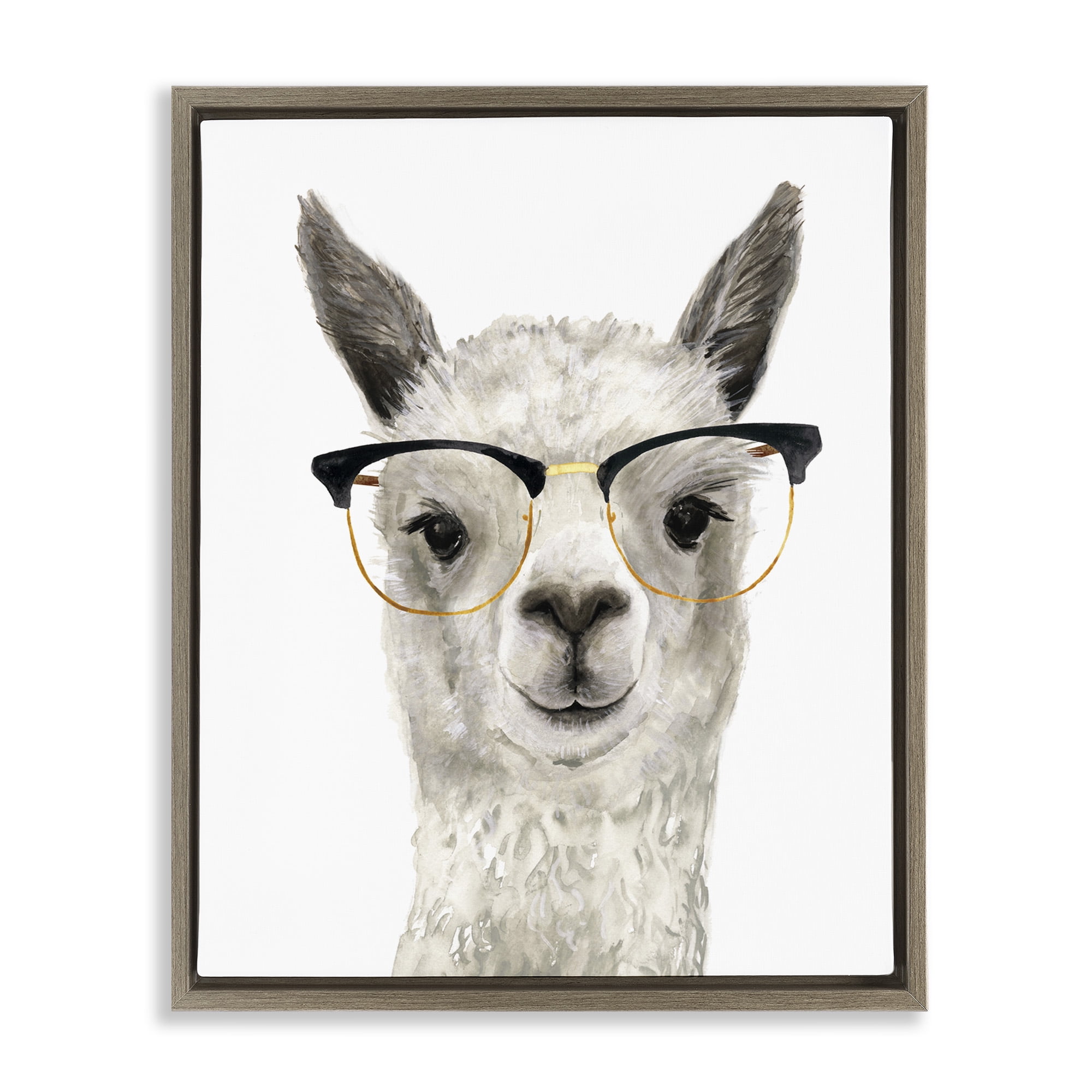 Stupell Industries Hipster Llama In Glasses Animals & Insects Painting Brown Floater Framed Canvas Art Print Wall Art, 17 x 21