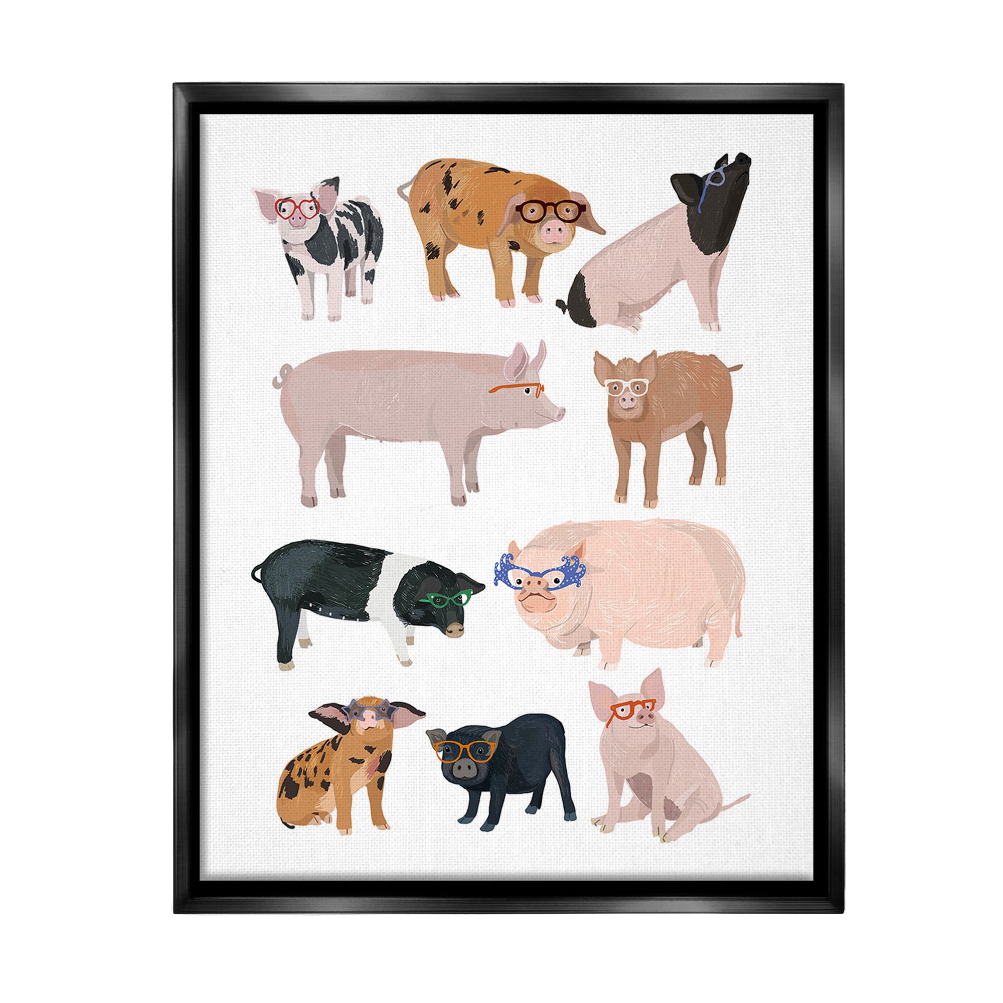 Stupell Industries Hipster Pigs in Glasses Animals & Insects Painting Black Floater Framed Canvas Art Print Wall Art, 17 x 21