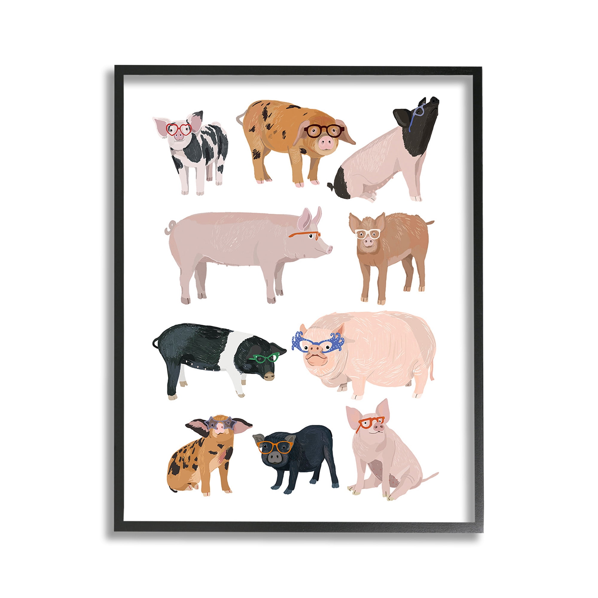 Hipster Pigs in Glasses Black Framed Wood Art Print