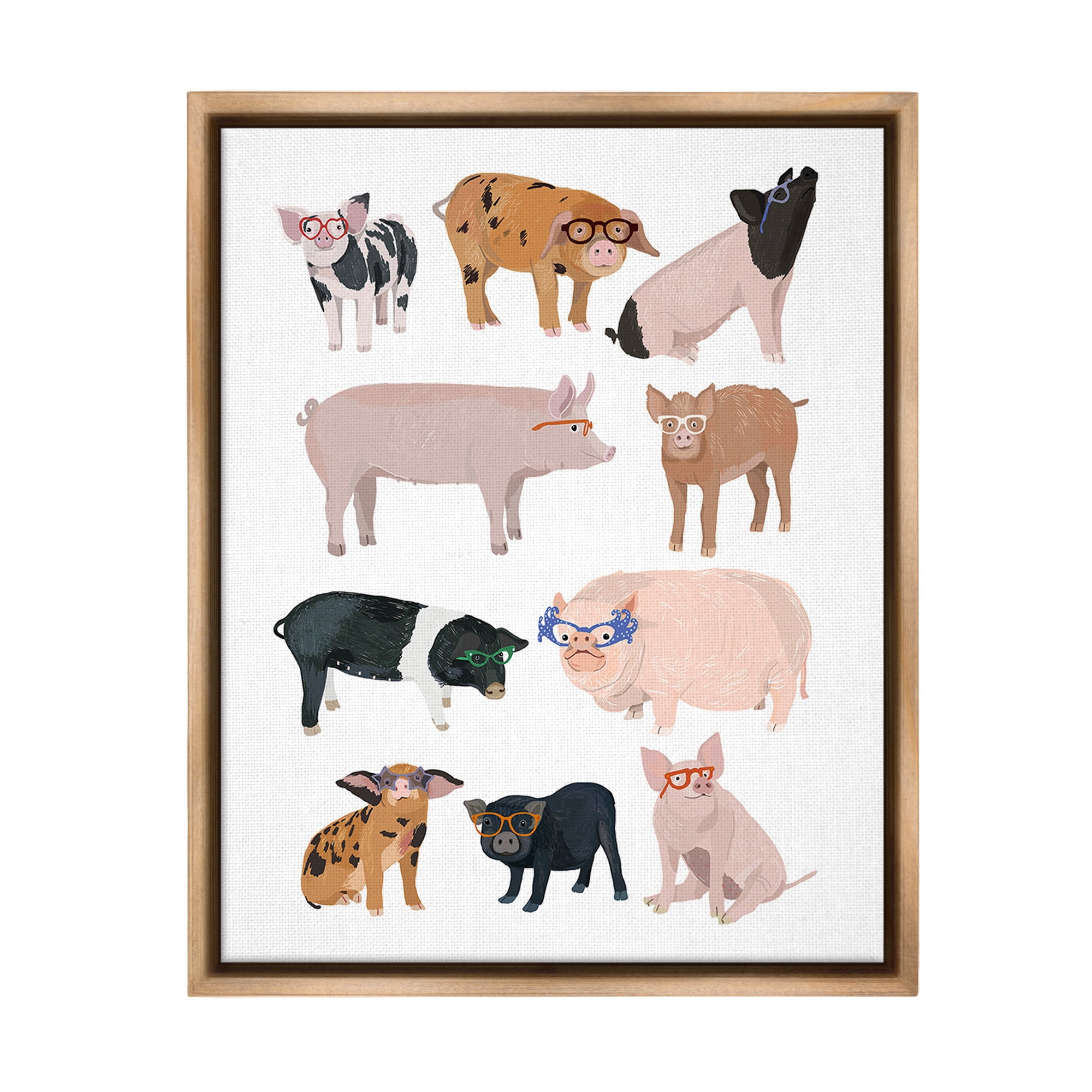 Stupell Industries Hipster Pigs in Glasses Animals & Insects Painting Brown Floater Framed Canvas Art Print Wall Art, 17 x 21