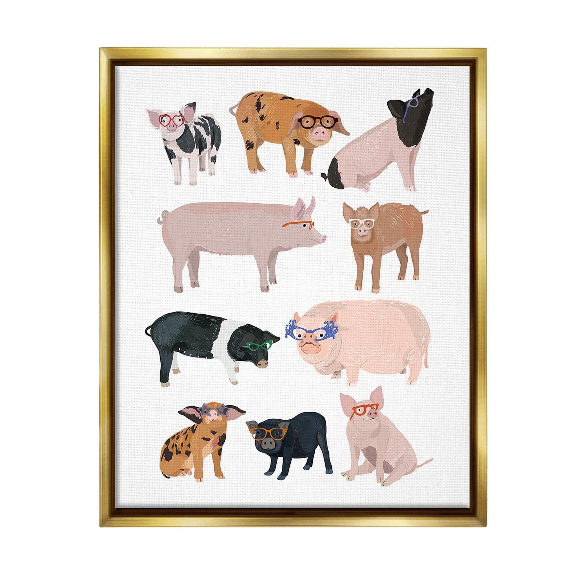 Stupell Industries Hipster Pigs in Glasses Animals & Insects Painting Gold Floater Framed Canvas Art Print Wall Art, 17 x 21