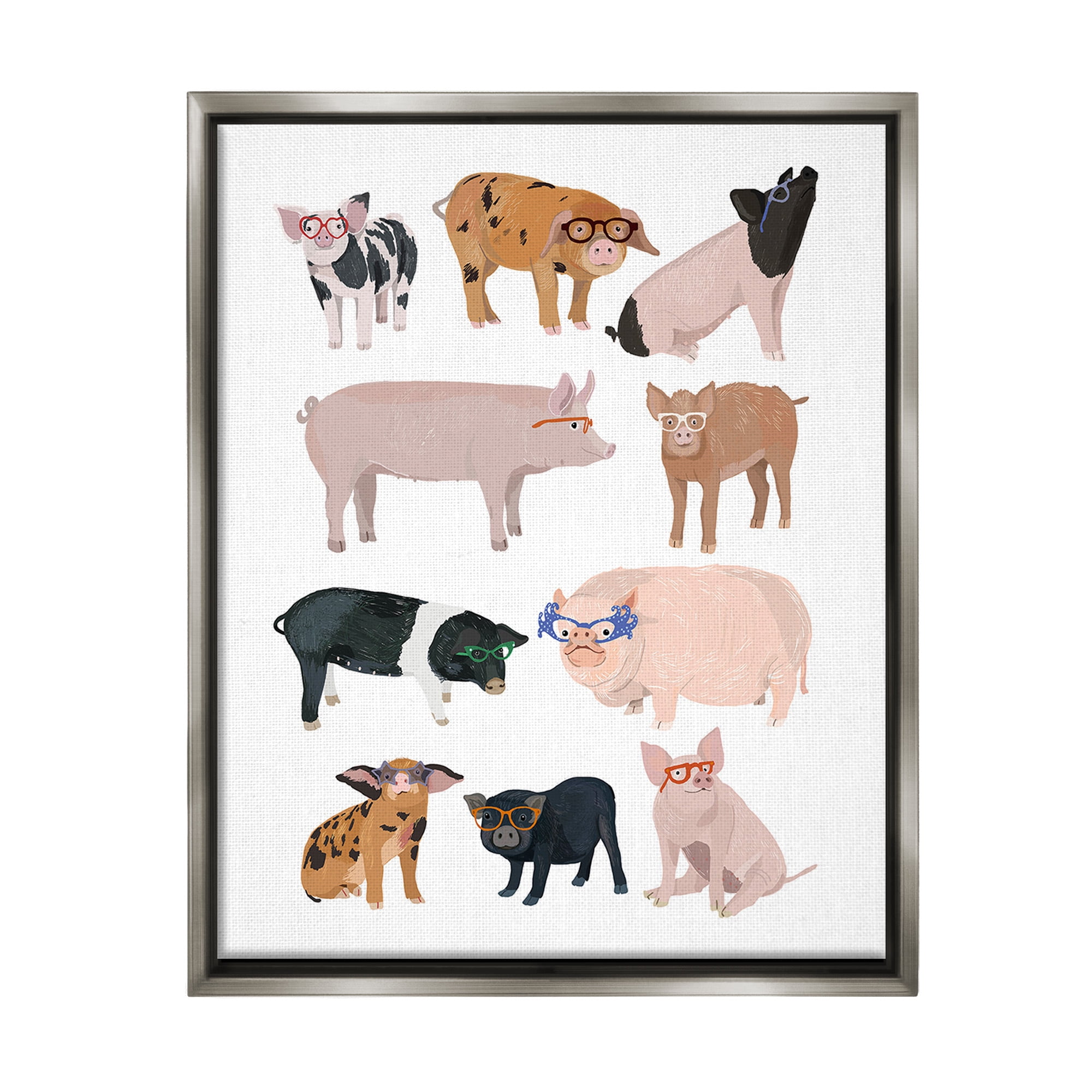 Stupell Industries Hipster Pigs in Glasses Animals & Insects Painting Gray Floater Framed Canvas Art Print Wall Art, 25 x 31