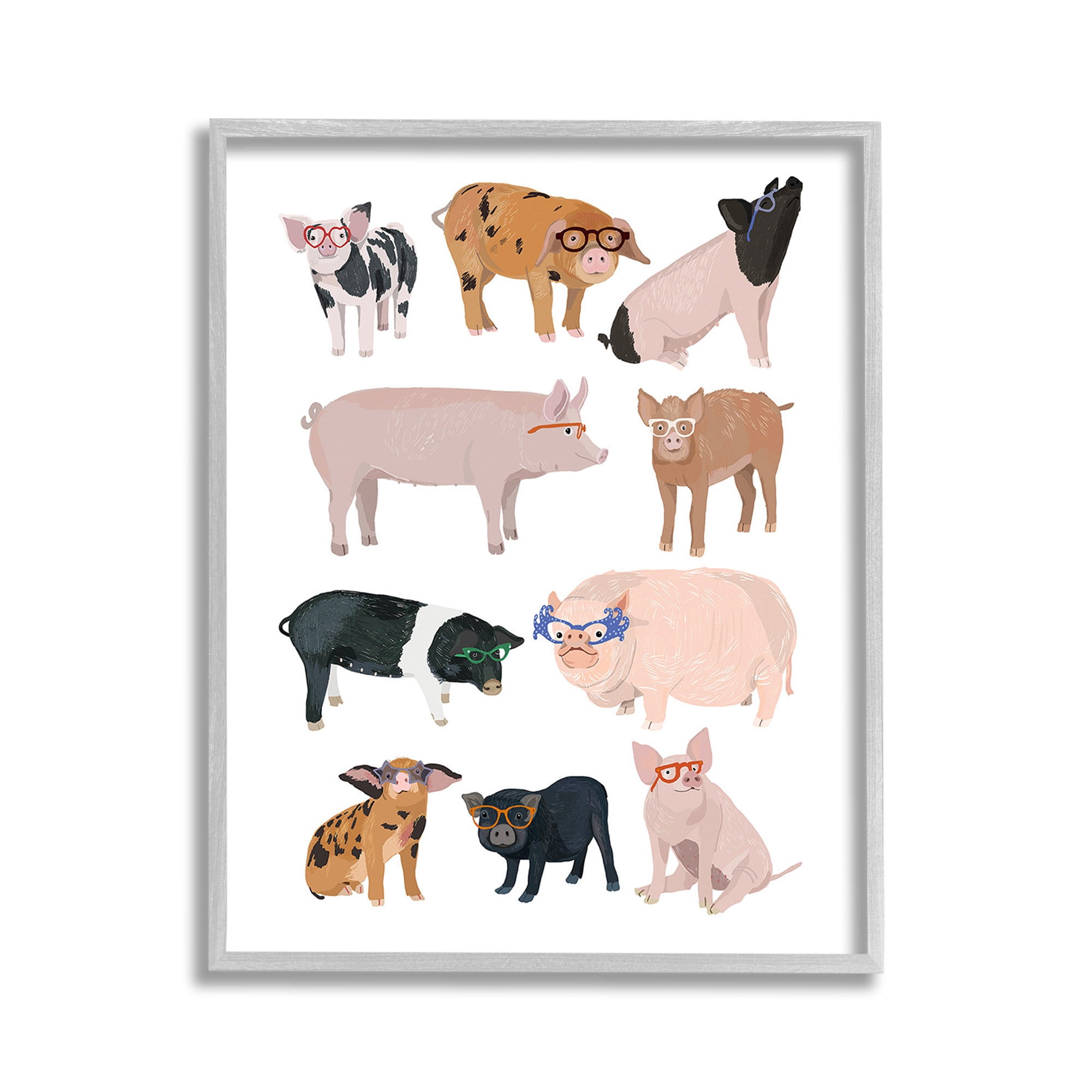 Stupell Industries Hipster Pigs in Glasses Animals & Insects Painting Gray Framed Art Print Wall Art, 11 x 14