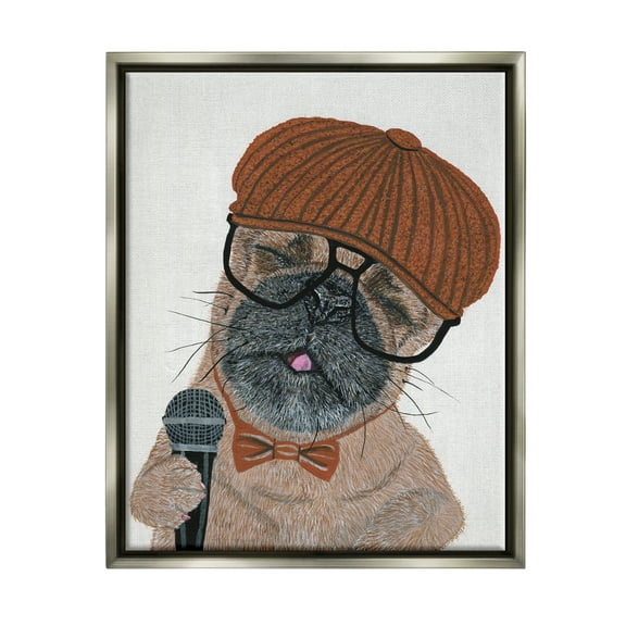 Stupell Industries Hipster Pug Portrait Animals & Insects Painting Gray Floater Framed Canvas Art Print Wall Art, 25 x 31