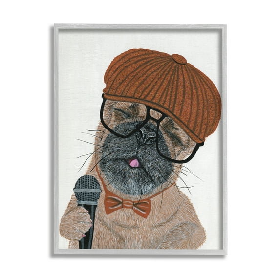 Stupell Industries Hipster Pug Portrait Animals & Insects Painting Gray Framed Art Print Wall Art, 16 x 20