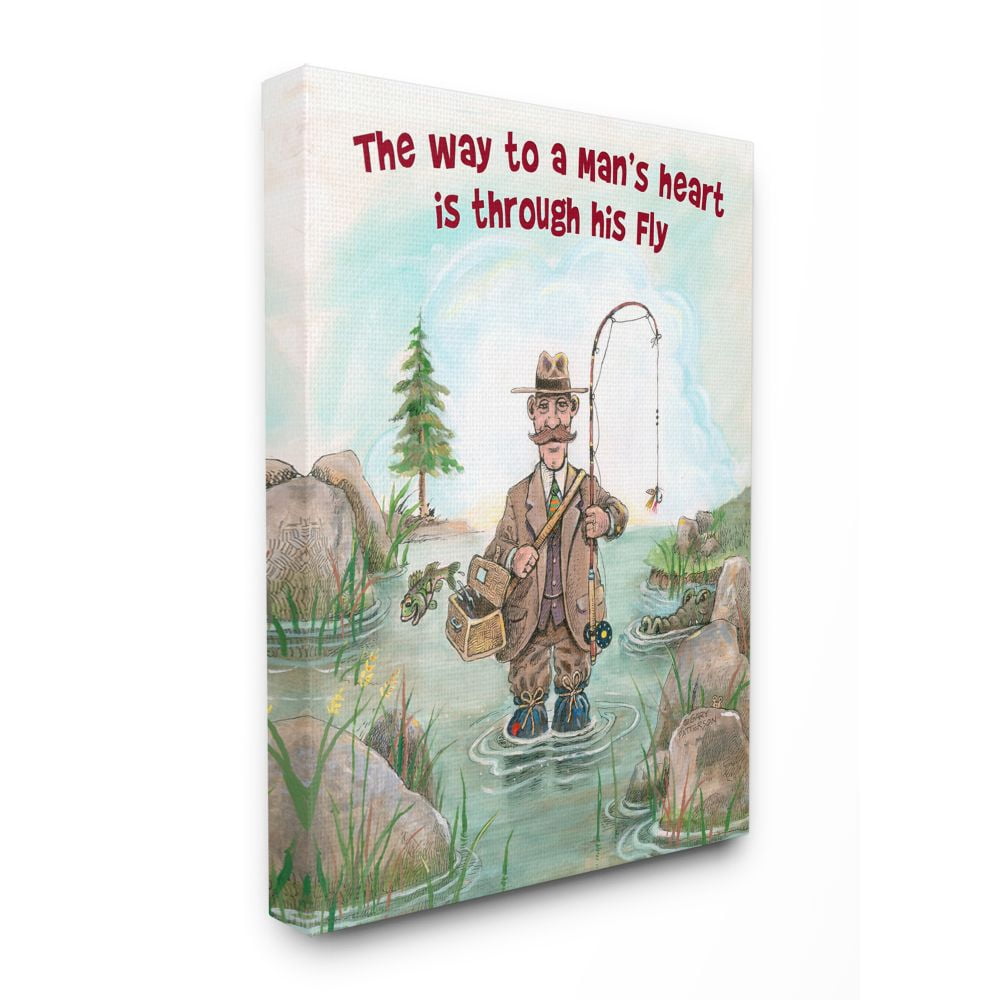 Stupell Industries His Fly Funny Sports Fishing Cartoon Design Canvas Wall Art by Gary Patterson, 16" x 20"