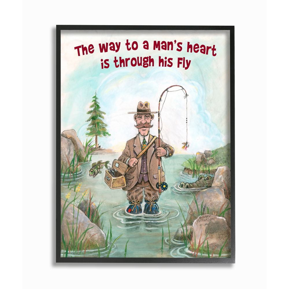 Stupell Industries His Fly Funny Sports Fishing Cartoon Design Framed Wall Art by Gary Patterson