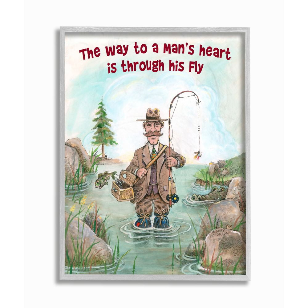 Stupell Industries His Fly Funny Sports Fishing Cartoon Design Framed Wall Art by Gary Patterson