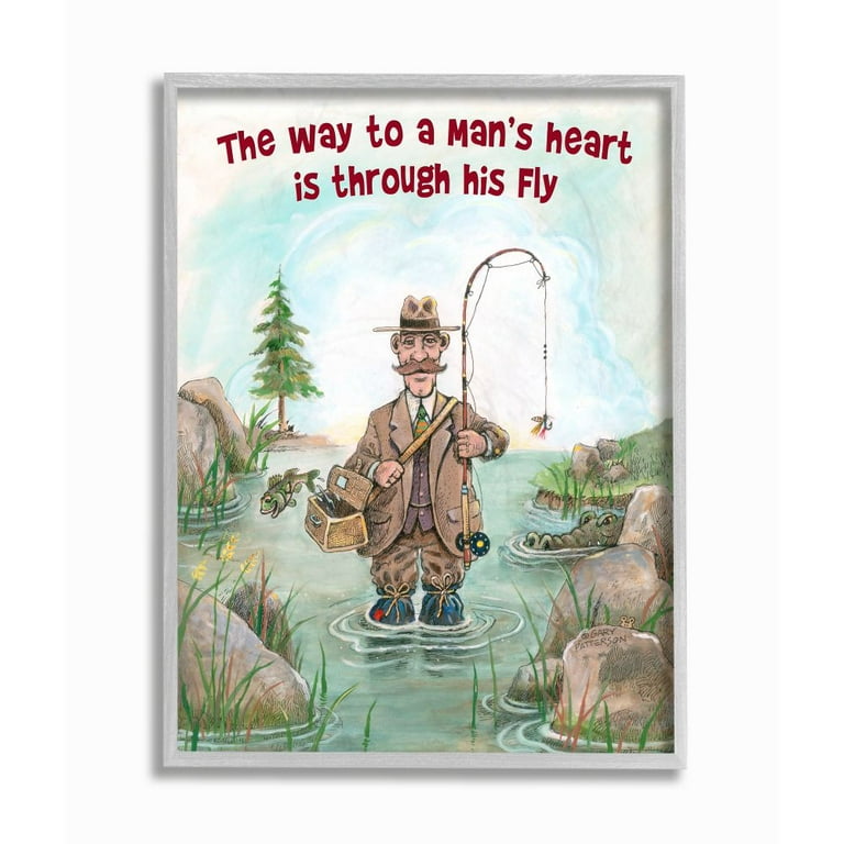 Stupell Industries His Fly Funny Sports Fishing Cartoon Design Framed Wall  Art by Gary Patterson 