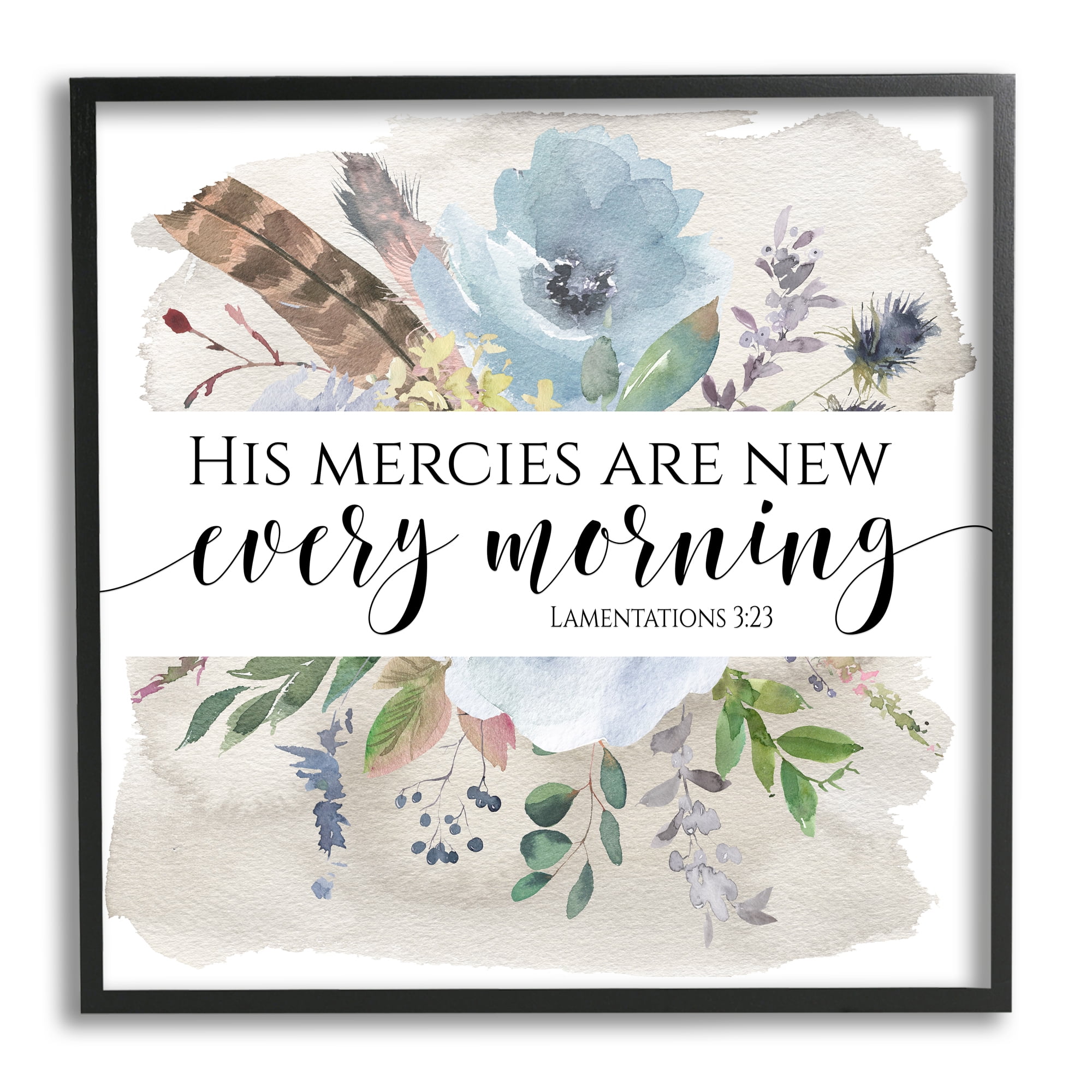 Stupell Industries His Mercies Are New Lamentations 3:23 Blue Florals Religious Painting Black Framed Art Print Wall Art, 12 x 12