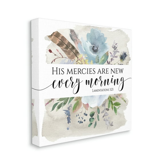 Stupell Industries His Mercies Are New Lamentations 3:23 Blue Florals Religious Painting Gallery Wrapped Canvas Print Wall Art, 30 x 30