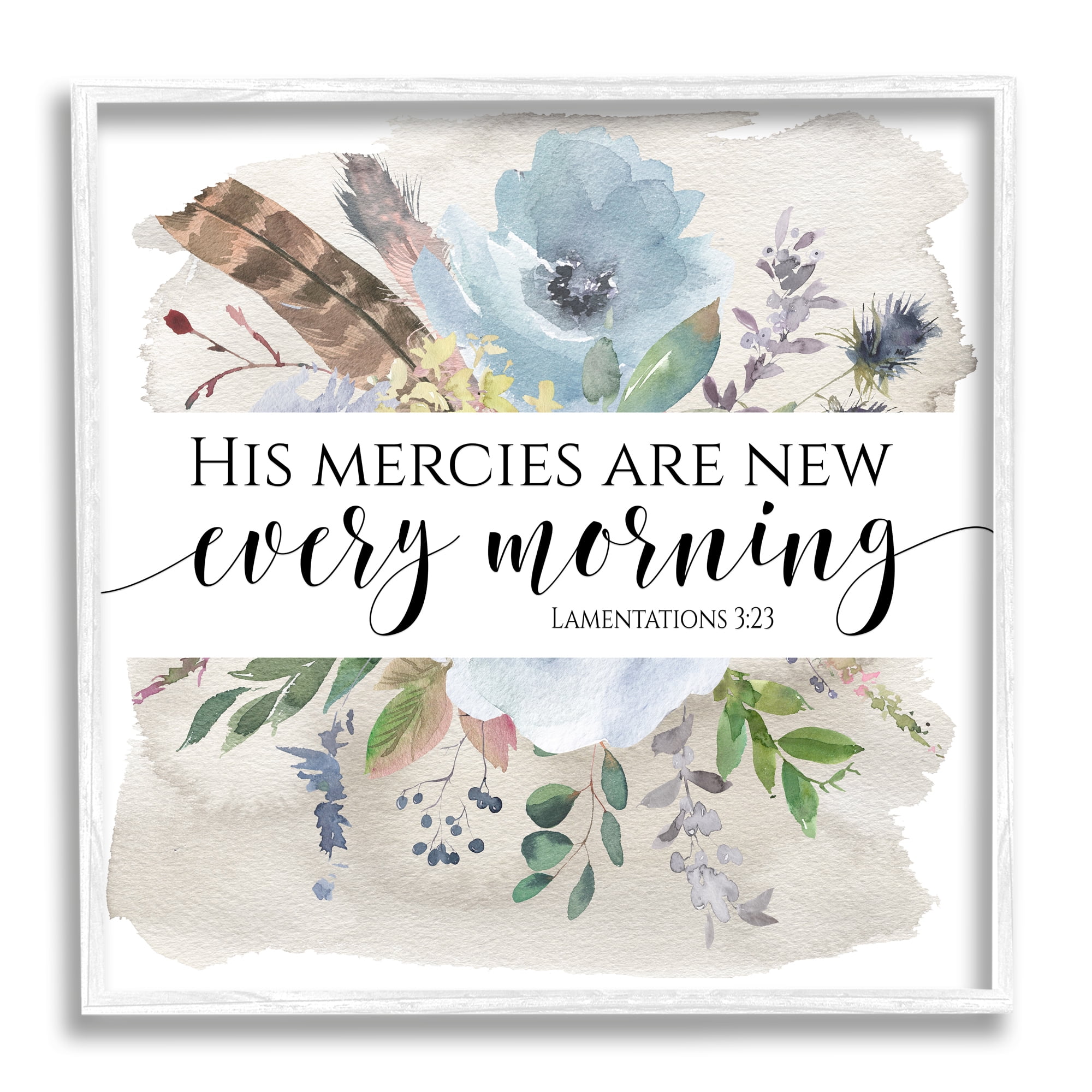 Stupell Industries His Mercies Are New Lamentations 3:23 Blue Florals Religious Painting White Framed Art Print Wall Art, 12 x 12
