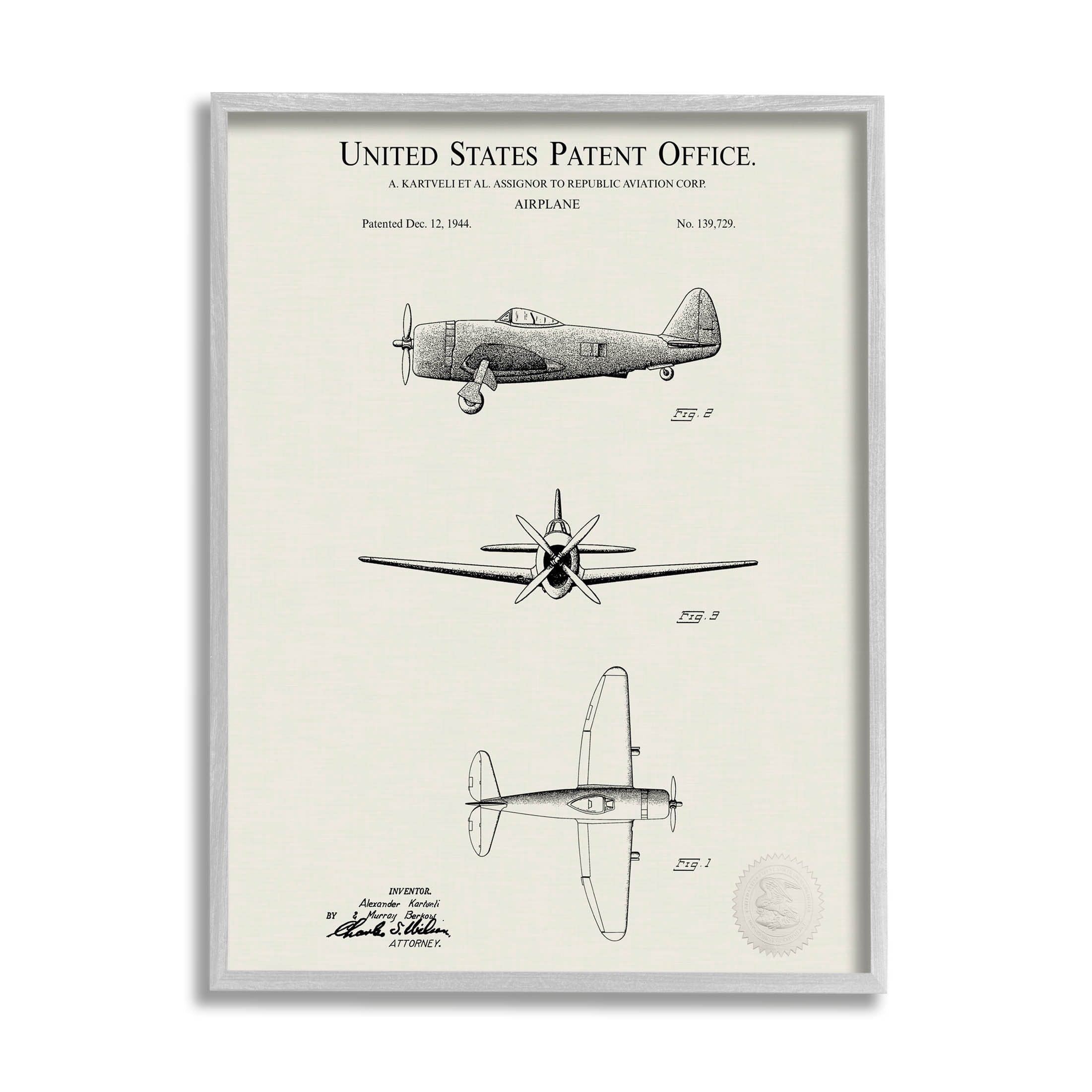 Stupell Industries Historic Aircraft Patent Diagram Graphic Art Gray Framed Art Print Wall Art, Design by Karl Hronek