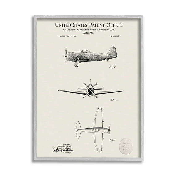 Stupell Industries Historic Aircraft Patent Diagram Graphic Art Gray Framed Art Print Wall Art, Design by Karl Hronek