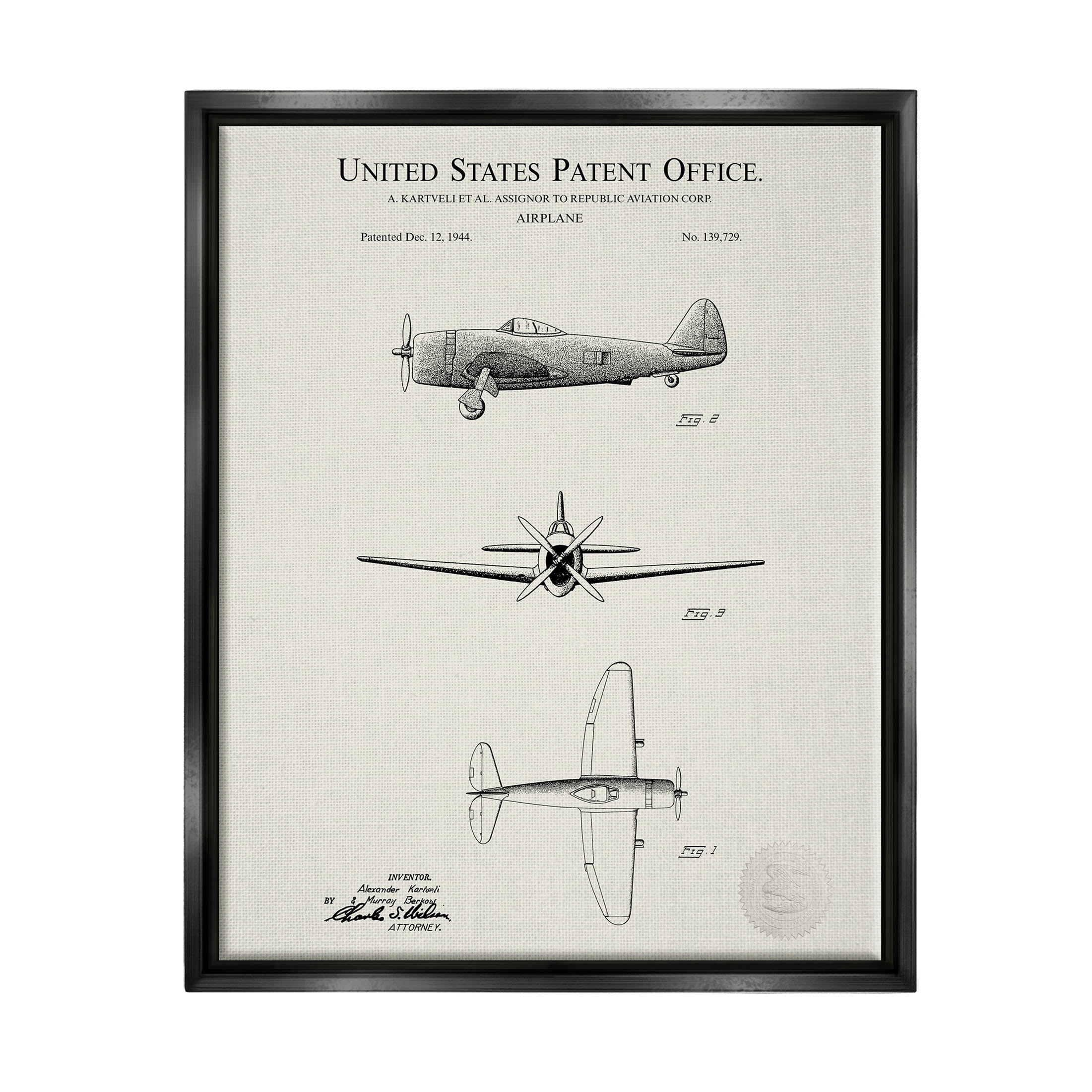 Stupell Industries Historic Aircraft Patent Diagram Graphic Art Jet Black Floating Framed Canvas Print Wall Art, Design by Karl Hronek