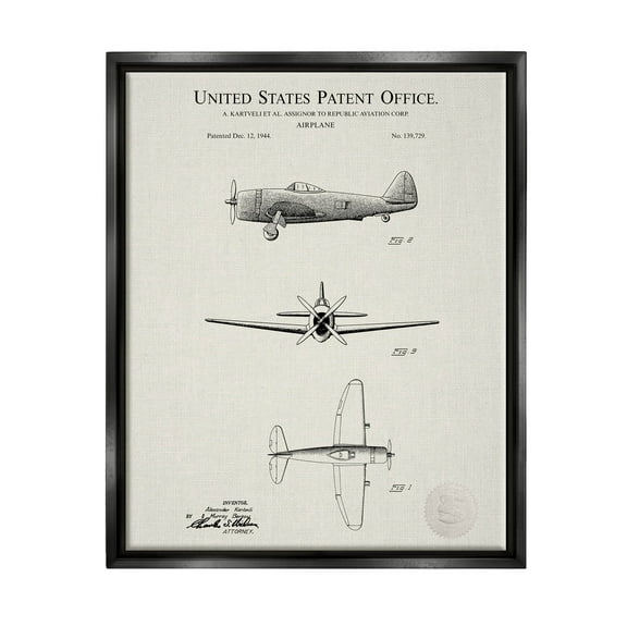 Stupell Industries Historic Aircraft Patent Diagram Graphic Art Jet Black Floating Framed Canvas Print Wall Art, Design by Karl Hronek