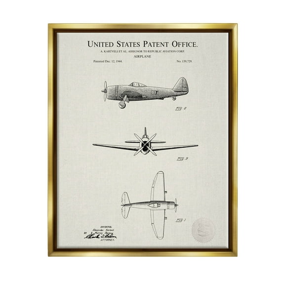 Stupell Industries Historic Aircraft Patent Diagram Graphic Art Metallic Gold Floating Framed Canvas Print Wall Art, Design by Karl Hronek