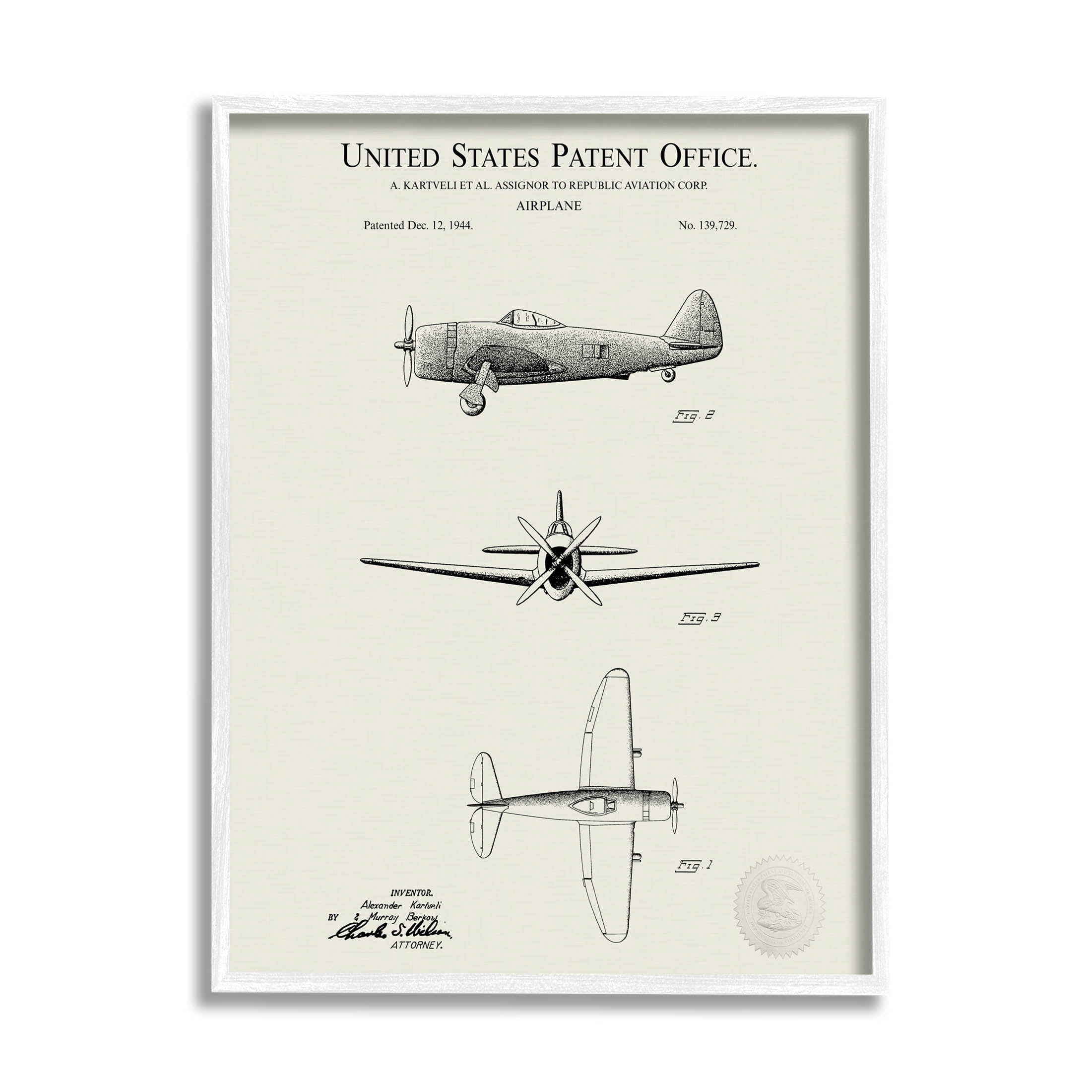 Stupell Industries Historic Aircraft Patent Diagram Graphic Art White Framed Art Print Wall Art, Design by Karl Hronek