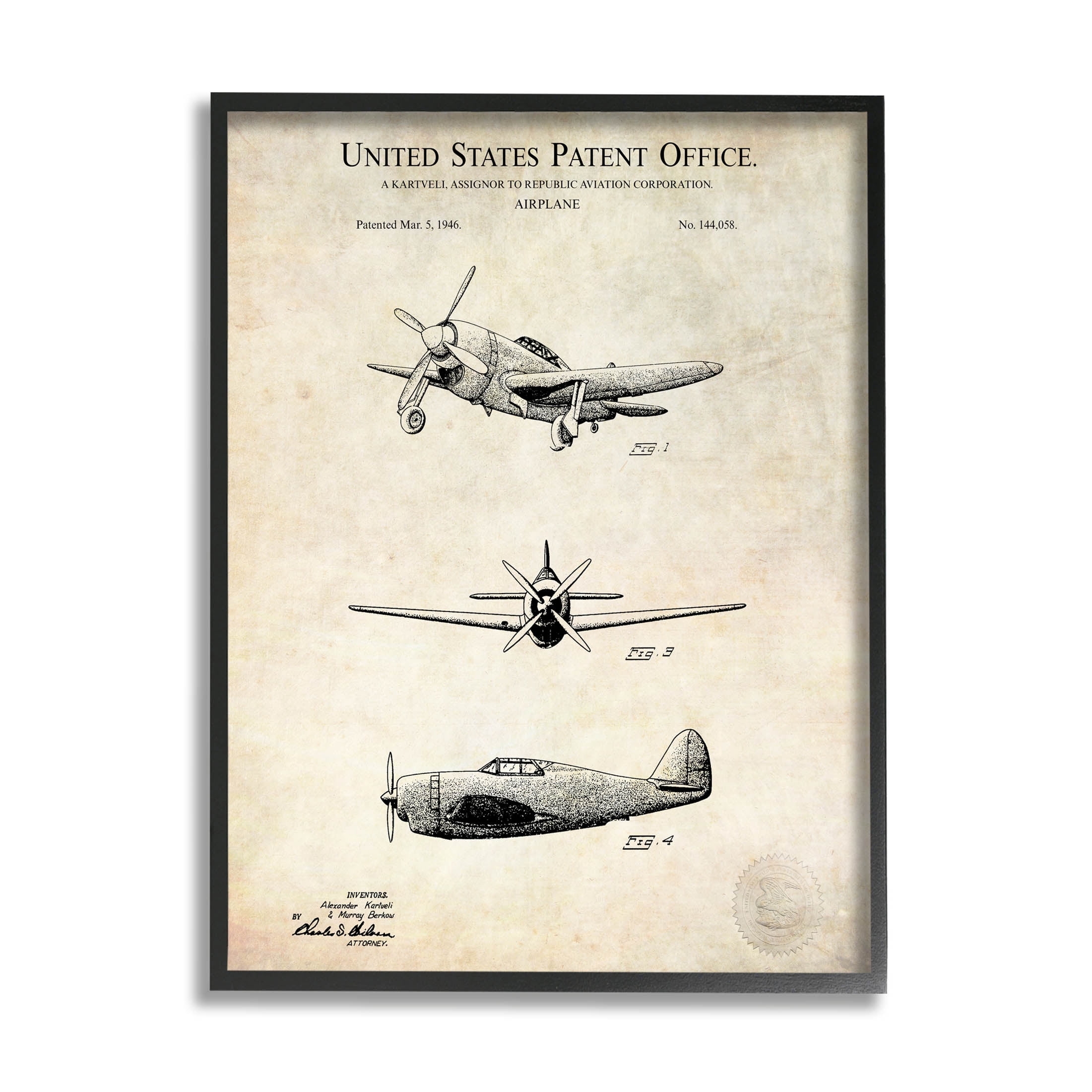 Stupell Industries Historic Aircraft Patent Vintage Graphic Art Black Framed Art Print Wall Art, Design by Karl Hronek