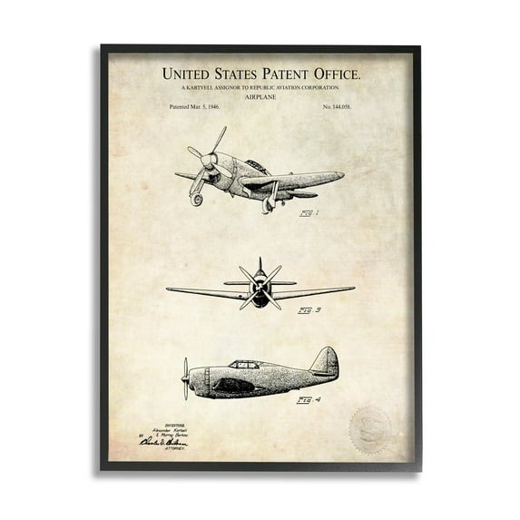 Stupell Industries Historic Aircraft Patent Vintage Graphic Art Black Framed Art Print Wall Art, Design by Karl Hronek