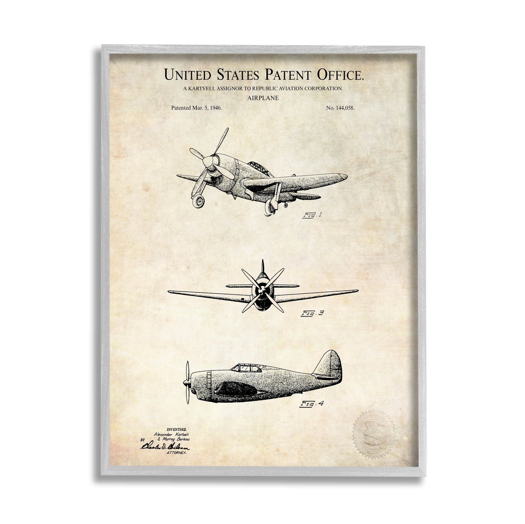 Stupell Industries Historic Aircraft Patent Vintage Graphic Art Gray Framed Art Print Wall Art, Design by Karl Hronek