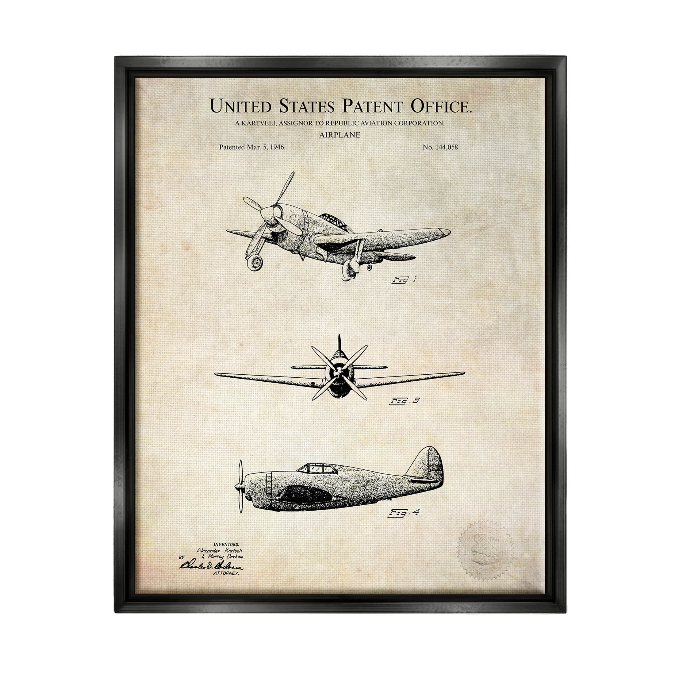 Stupell Industries Historic Aircraft Patent Vintage Graphic Art Jet Black Floating Framed Canvas Print Wall Art, Design by Karl Hronek
