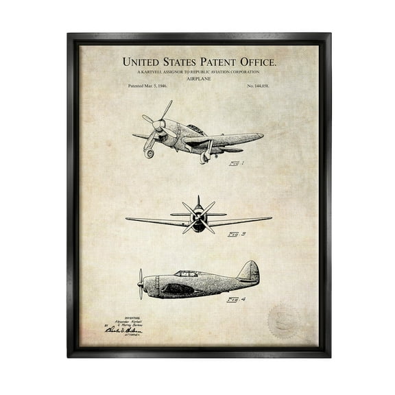 Stupell Industries Historic Aircraft Patent Vintage Graphic Art Jet Black Floating Framed Canvas Print Wall Art, Design by Karl Hronek