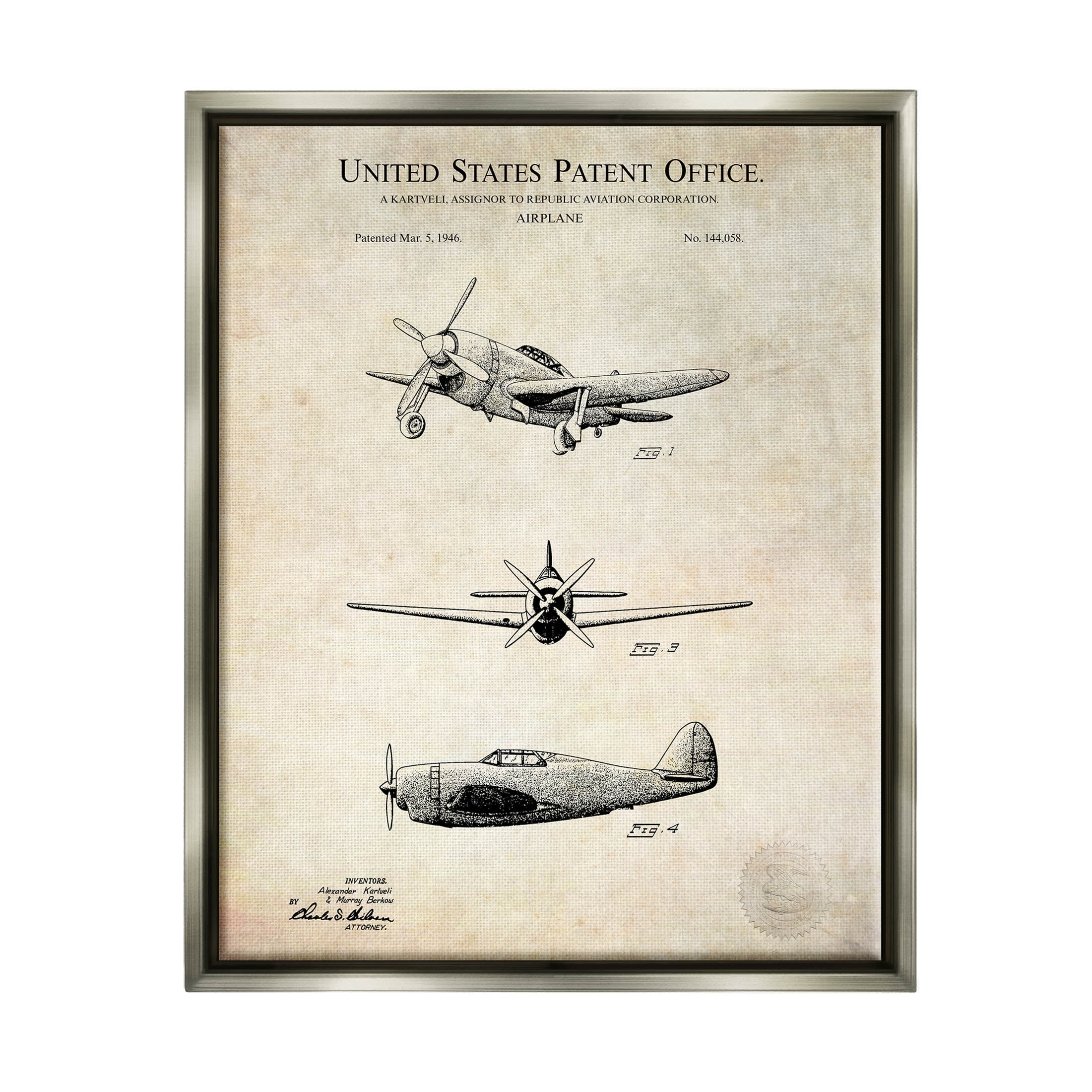 Stupell Industries Historic Aircraft Patent Vintage Graphic Art Luster Gray Floating Framed Canvas Print Wall Art, Design by Karl Hronek