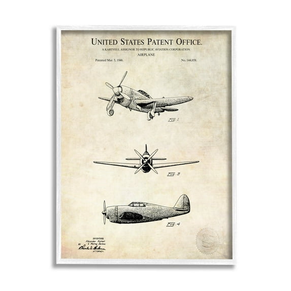 Stupell Industries Historic Aircraft Patent Vintage Graphic Art White Framed Art Print Wall Art, Design by Karl Hronek