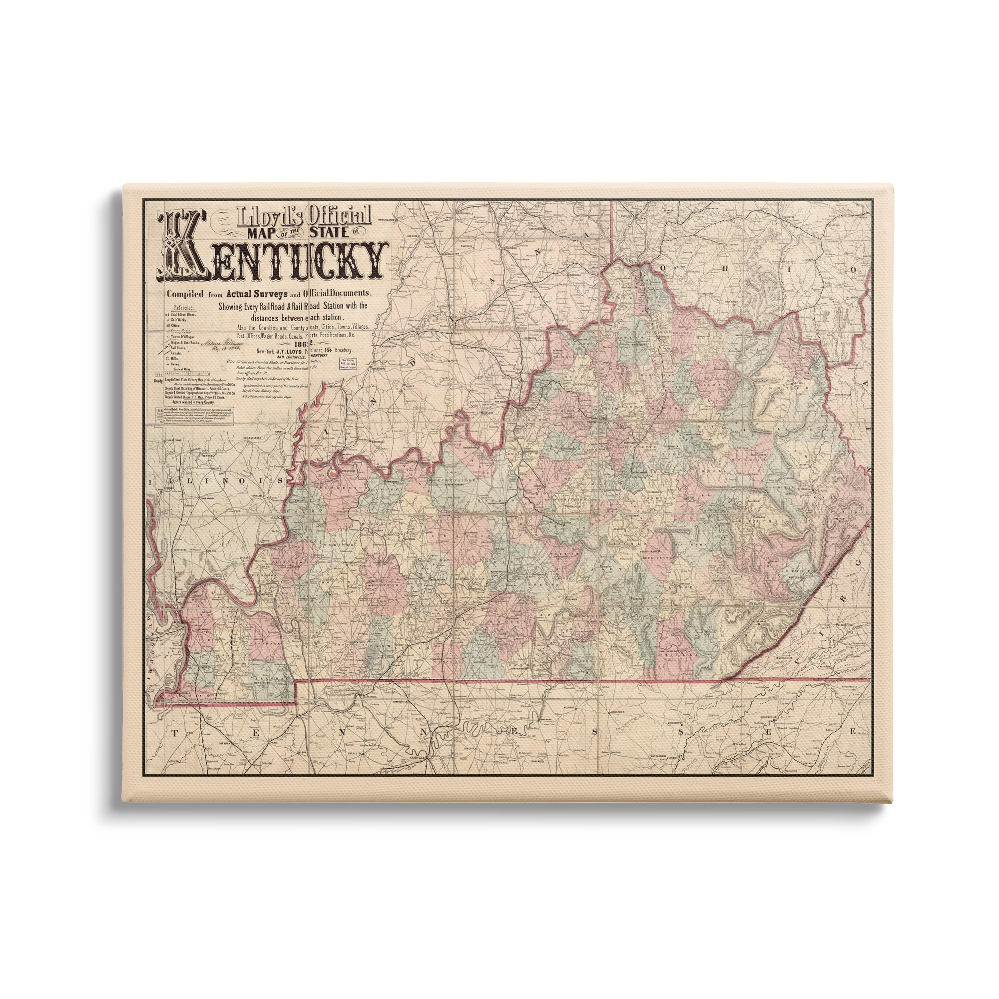 Vintage Kentucky State Map Print on Canvas, 30" x 24"