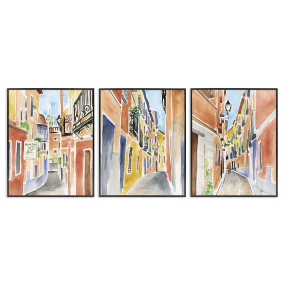 Stupell Industries Historic Madrid City Buildings Architecture Painting Black Framed Art Print Wall Art, 11 x 14, Set of 3