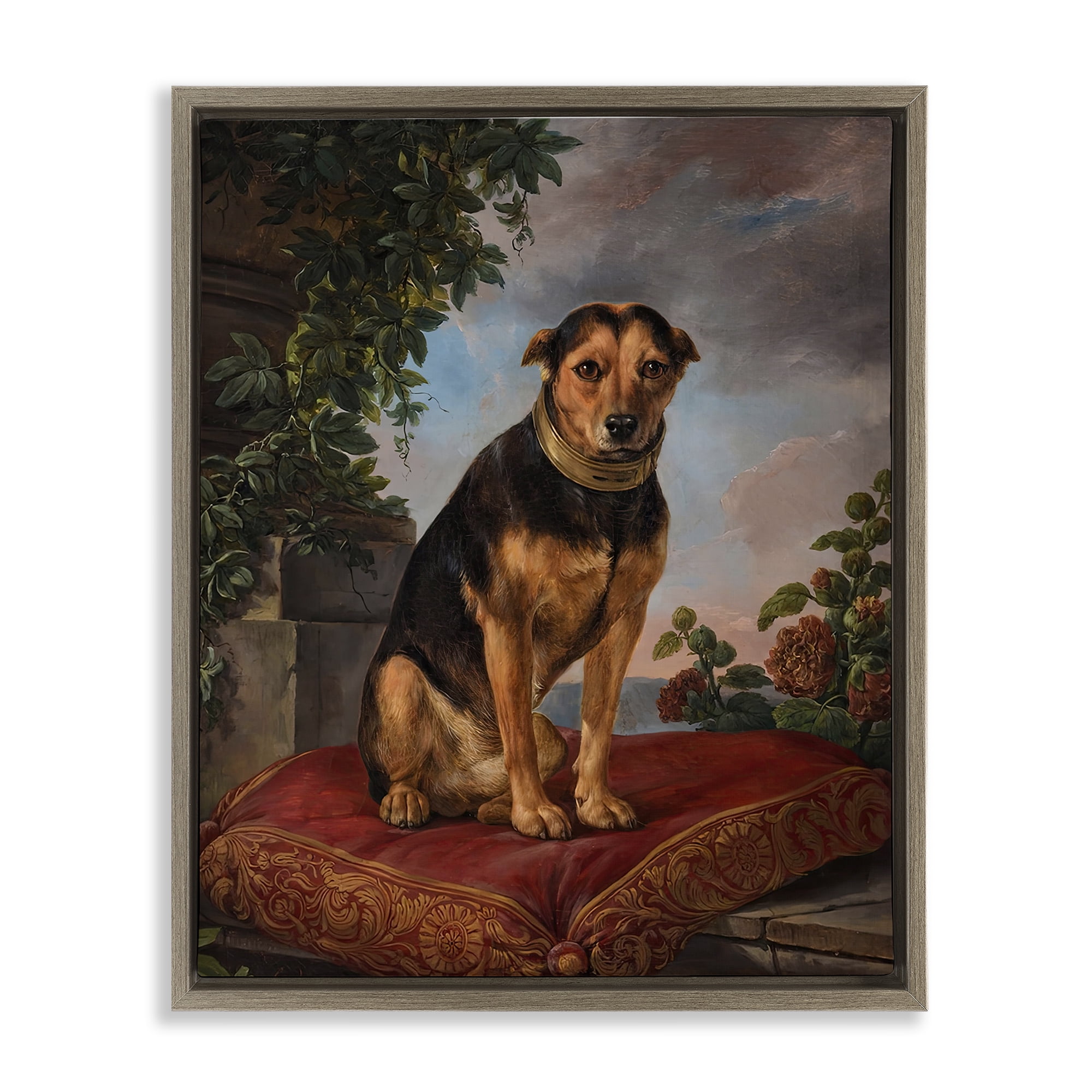 Stupell Industries Historical Dog on Cushion Brown Framed Floater Canvas Wall Art, design by Lil' Rue