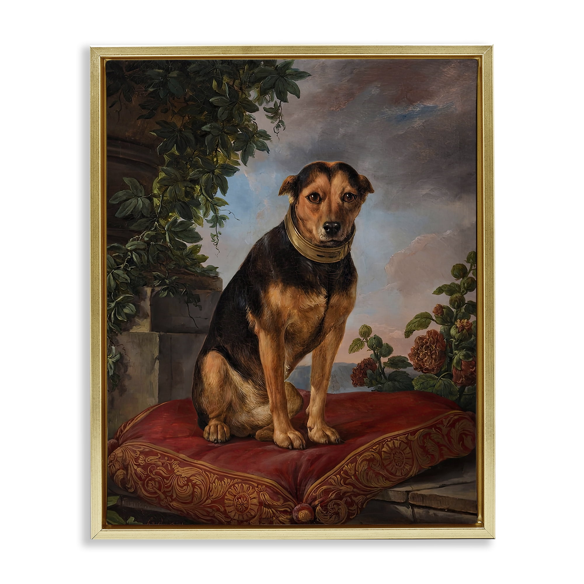 Stupell Industries Historical Dog on Cushion Gold Framed Floater Canvas Wall Art, design by Lil' Rue