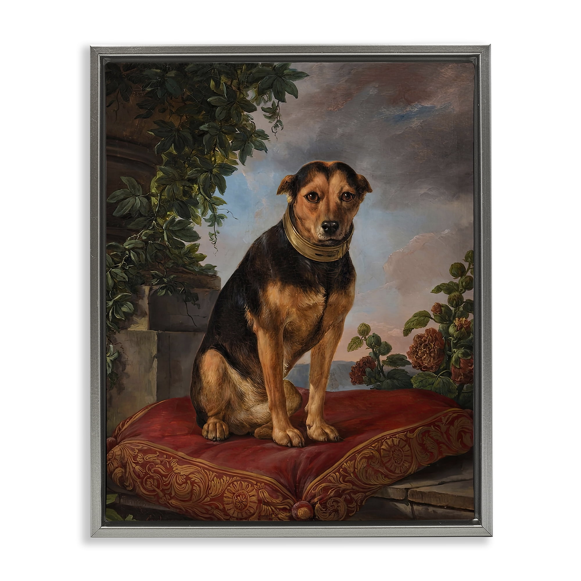 Stupell Industries Historical Dog on Cushion Gray Framed Floater Canvas Wall Art, design by Lil' Rue