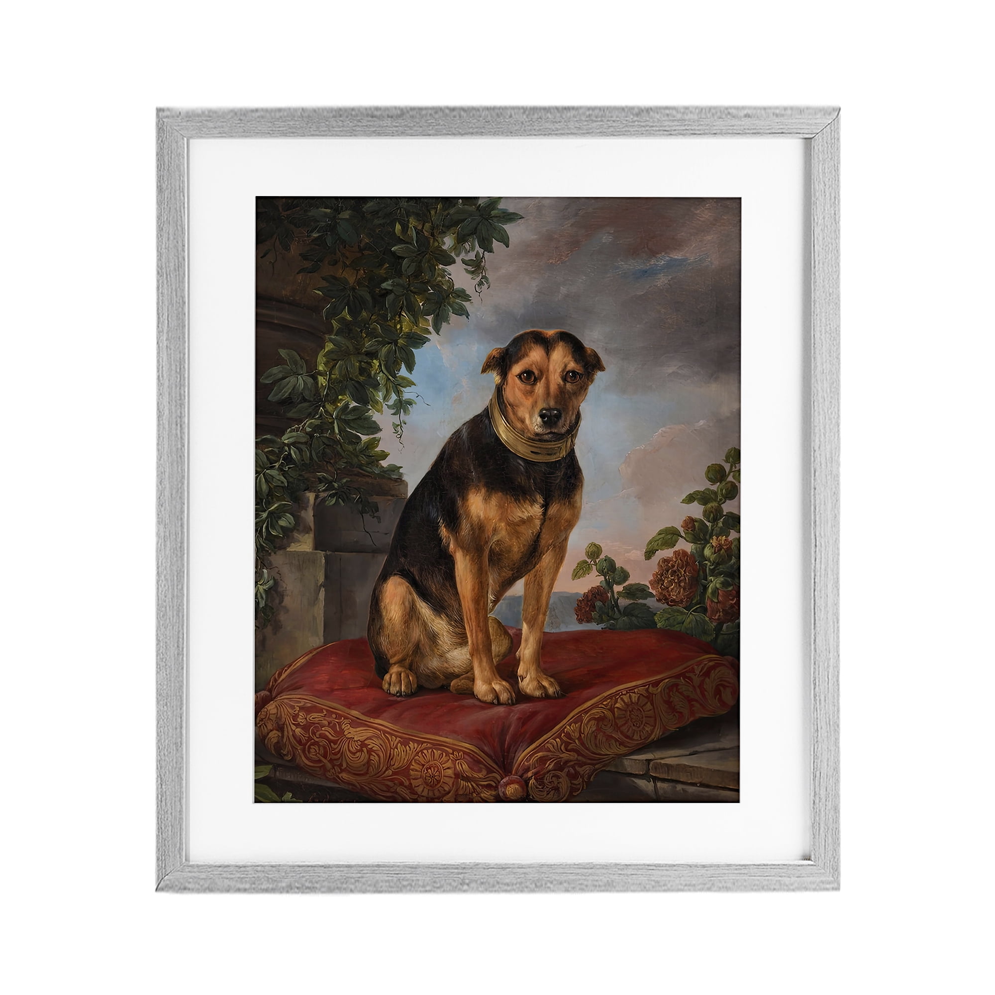 Stupell Industries Historical Dog on Cushion Gray Framed Print Under Glass, design by Lil' Rue