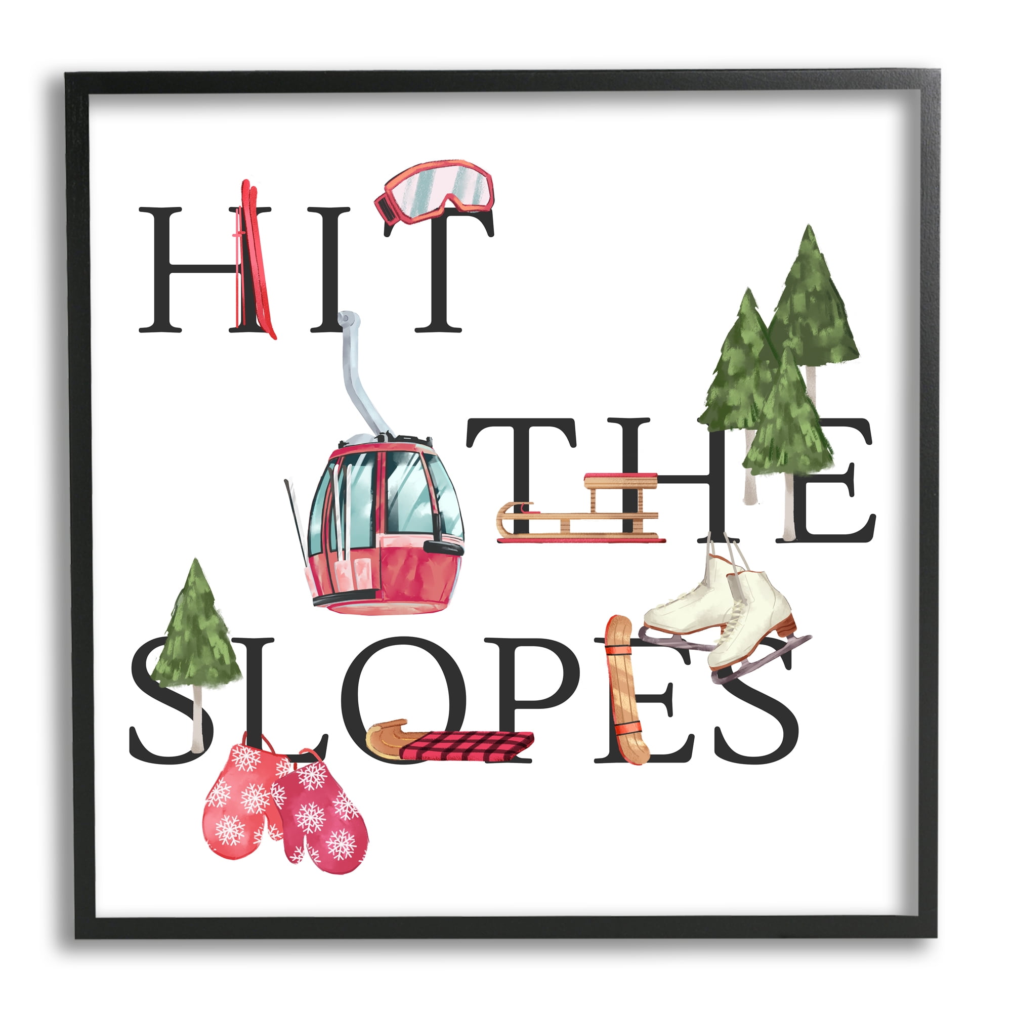 Stupell Industries Hit the Slopes Phrase Winter Sports Motivational Modern Painting Black framed Art Print Wall Art, 12 x 12, Design by Ziwei Li