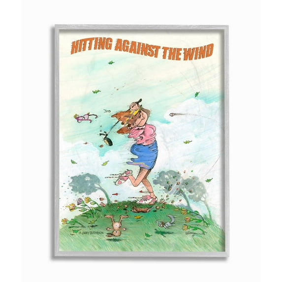 Stupell Industries Hitting Against The Wind Funny Golf Cartoon Sports Design Graphic Art Gray Framed Art Print Wall Art, 16x20, by Gary Patterson