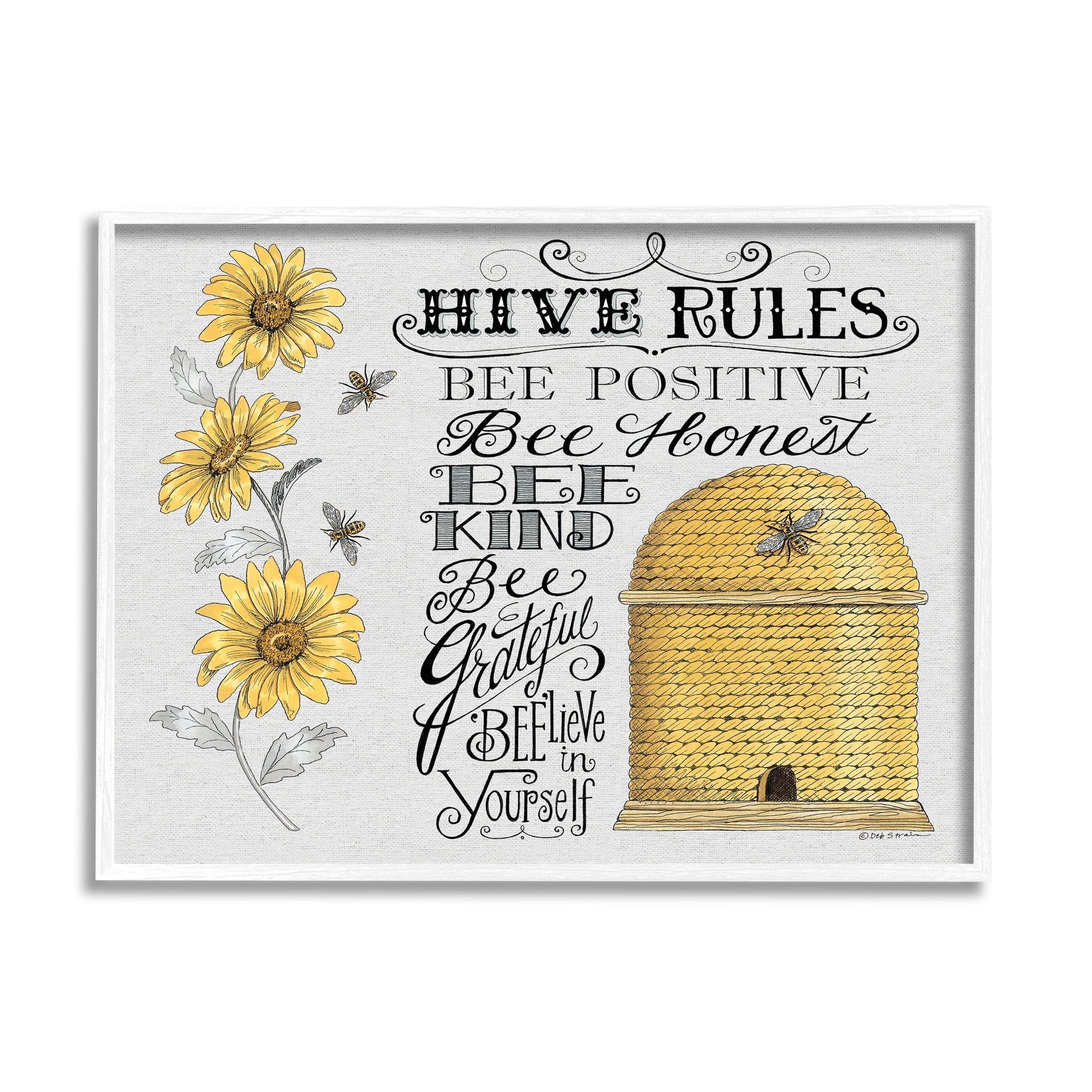 Stupell Industries Hive Rules Motivational Phrases Bee Puns Vintage Beehive Graphic Art White Framed Art Print Wall Art, 14x11, by Deb Strain